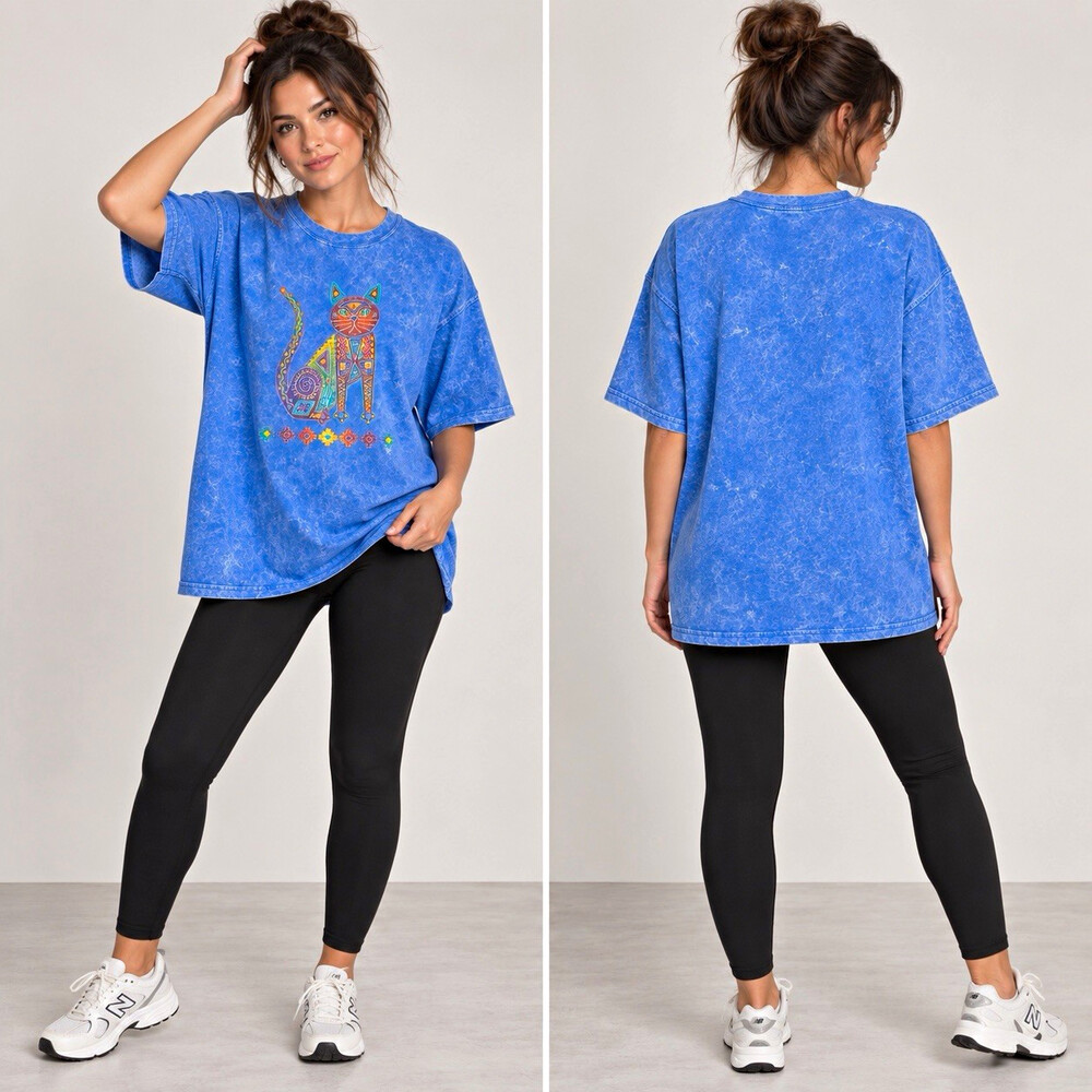 Gildan XL Cat T Shirt Blue Acid Wash Southwest Tribal Graphic Boho Artsy Tee